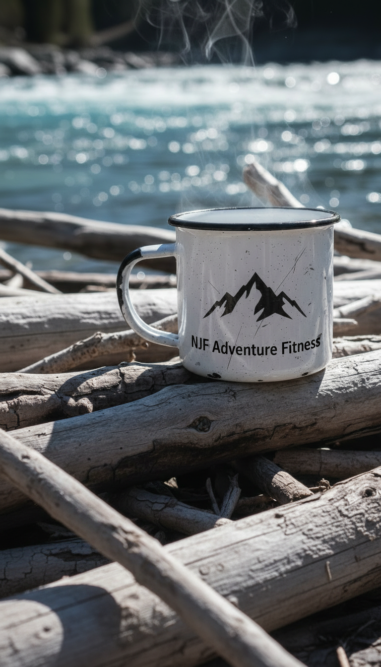Add realistic text 'NJF Adventure Fitness' below the mountain image on the white mug, so it looks naturally printed, matching the photo style and perspective. Use the existing photo as the base image.