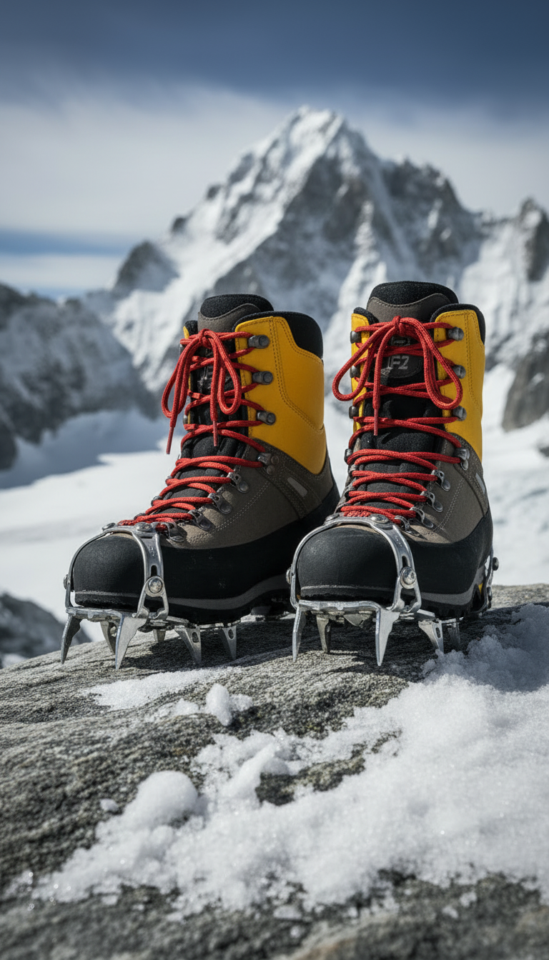 a pair of B2 mountaineering boots with crampons
